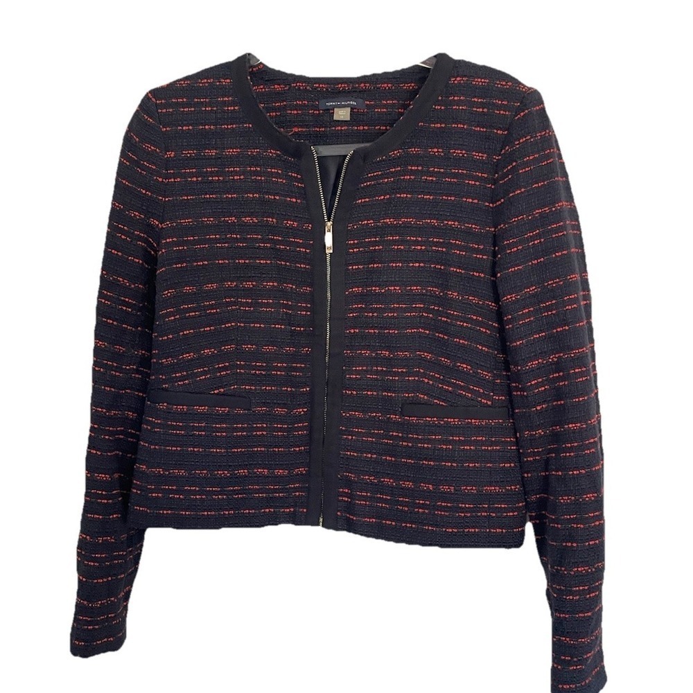 Tommy Hilfiger Womens Navy Blue Red Tweed Blazer Jacket Zip  10 career